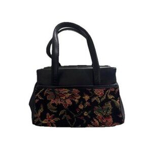 Vintage Black Floral Tapestry  Bag 6 Pocket Organizer Purse 60s -70s